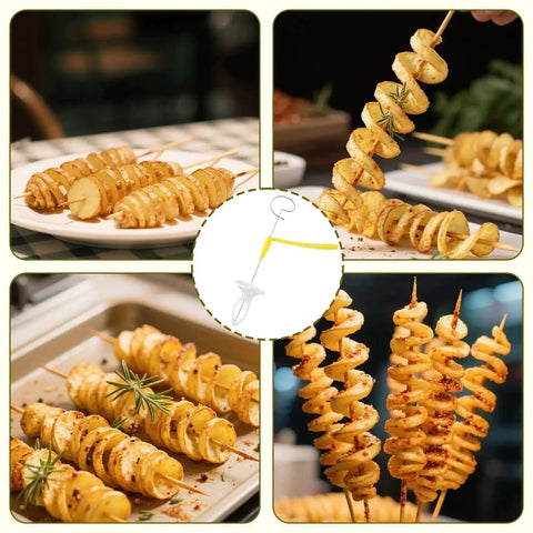 Manual Tornado Potato Spiral Cutter in use making spiral potatoes with crinkle slices on skewers.