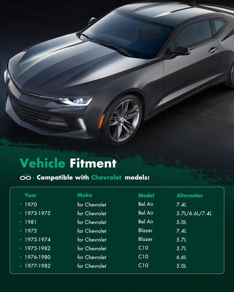 Chevrolet Camaro shown above vehicle fitment chart for 100 Amp High Output Chrome Alternator With 1 Wire 10SI Self Exciting Design Replacement For GM SBC BBC Chevy And Buick Classics New For Reliable Power On The Road.