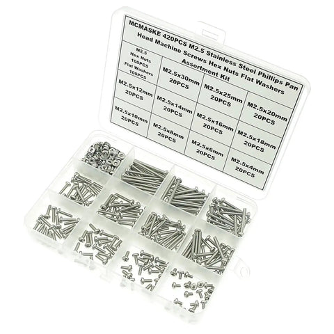 M2.5 Phillips Pan Head Machine Screws Nuts Flat Washers Kit in 304 Stainless Steel 420Pcs Set With Full Thread 4mm to 30mm Lengths