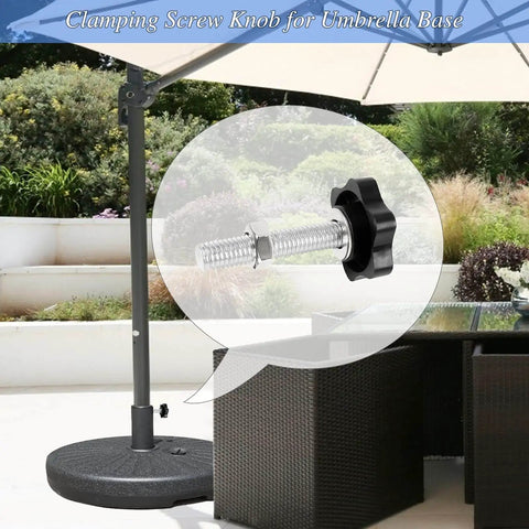 Clamping screw knob for umbrella base showcasing a star-shaped hand knob and threaded screw for secure installation in outdoor settings.