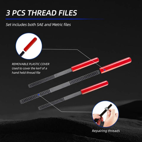 Image of three thread files with red handles, part of the All In One Pro Grade 61 Piece Thread Restorer Kit With Dual Standard Taps And Dies For UNC UNF And M6 M14 Threads Heat Treated Carbon Steel Heavy Duty Auto And Mechanical Repair Includes Thread Files And Pitch Gauges.