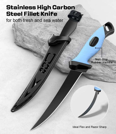 Stainless steel fillet knife with non-slip rubber handle and protective sheath on stone background, ideal for fresh and sea water.