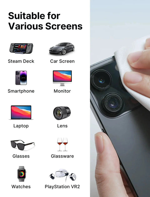 Microfiber Cleaning Cloth Pack 100 For Glasses Screens Cameras Phones Switch being used on a phone camera lens with suitable devices listed.