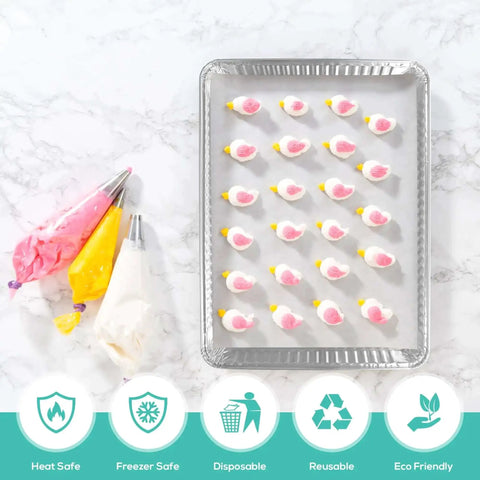 Disposable Aluminum Pans 5 Pack 13 By 17 Baking Sheets Heavy Duty Cookie Sheets with Icing Decor Tools on White Marble Surface