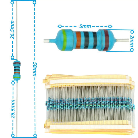 Resistor assortment kit: metal film axial resistors, blue-green color bands, 2600 pcs, 1/4W 1% for Arduino PCB DIY