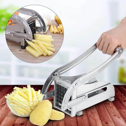 Stainless Steel Potato Cutter And French Fry Cutter Veg Slicer With 36 Hole And 64 Hole Blades Two Interchangeable Blades Non Slip Handles Dishwasher Safe Kitchen Tool For Vegetables And Fruits with hand pressing down.