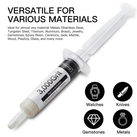 Efficient 8 pack diamond polishing paste kit delivers fast scratch removal and mirror finishes on glass, metal, stone, resin, and jewelry with 50% diamond content in eight 5g syringes, grits from 80k to 1k, oil-based for hand or machine polishing syringe close-up with 3000 grit label.