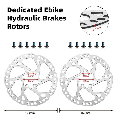 ZTZ MTB hydraulic brake rotors; two 160mm silver rotors with mounting screws and hardware; inset shows 2.7mm thickness.