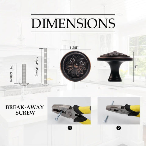 Dimensions of Oil Rubbed Bronze Flower Shaped Cabinet Knob Set 12 Pack with screws, shown in kitchen setting