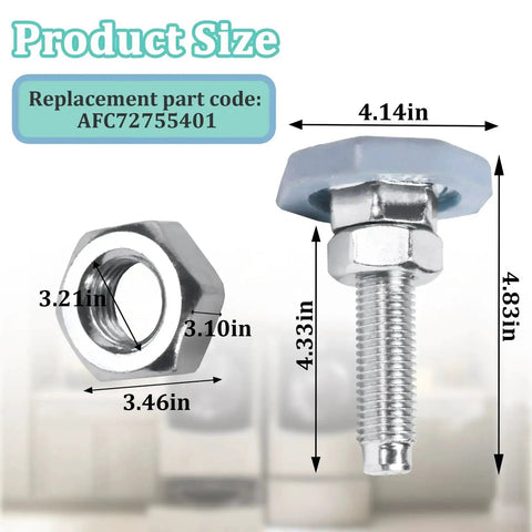 Product size diagram for 4 Pack Washing Machine Leveling Legs For LG Front Load Washers, showing dimensions and AFC72755401 part code.