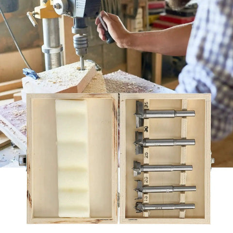 Five Piece Drill Bit Set With Adjustable Positioning Hinge Jig Drill Guide And Hinge Hole Cutter In A Durable Storage Box