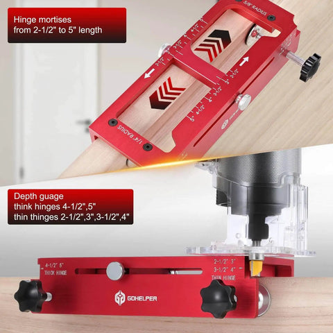 Pro Grade Aluminum Door Hinge Jig Template Kit For Router, Adjustable Mortise Jig with anodized 6061 aluminum, red, close-up view
