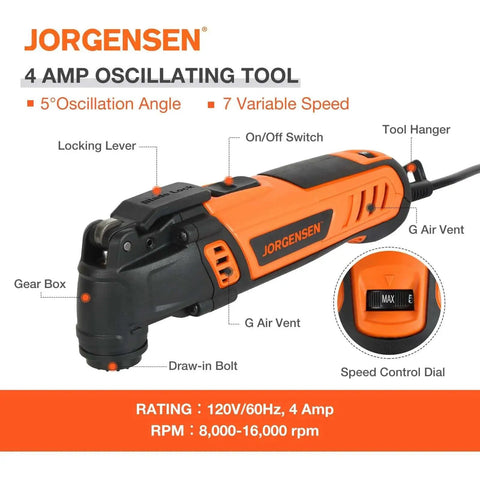 Powerful 4 Amp Heavy Duty Oscillating Tool With 5 Degree Oscillation Angle And 7 Variable Speed Settings Sixteen Piece Multitool Blade Kit And Carrying Bag For Precise Flush Cuts Sanding Wood Metal And Plastic, showing speed control dial and vents.