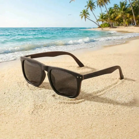 Retro Wood Polarized Sunglasses With Bamboo Case For Men And Women Unique Natural Wood Frames Ebony Finish on tropical beach