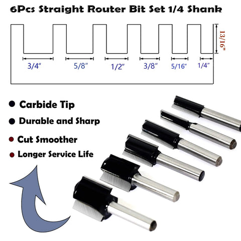 Pro Grade Six Piece Straight Router Bit Set With One Quarter Inch Shank Carbide Tipped Two Flute Bits layout and features.