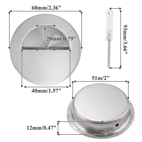 2 Pcs Round Hidden Flush Door Pulls Recessed Stainless Steel Handles in Brushed Nickel Finish with Screws and Mini Screwdriver 60mm Diameter Concealed Pull Hardware for Sliding Barn Doors Cabinets and Closets, displaying size measurements and included screwdriver.