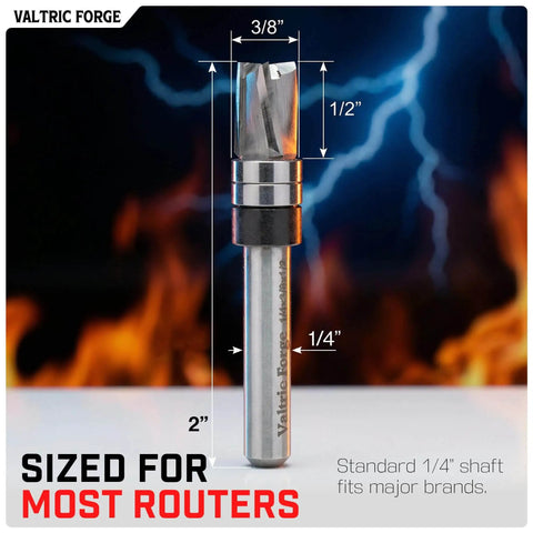 Down Cut Flush Trim Router Bit With One Quarter Inch Shank, Three Eighths Inch Cutting Diameter, One Half Inch Cutting Length, Three Flute Solid Carbide Pattern Template Bit For Woodworking Jigs And Top Bearing Cuts, Zero Tear-Out Geometry