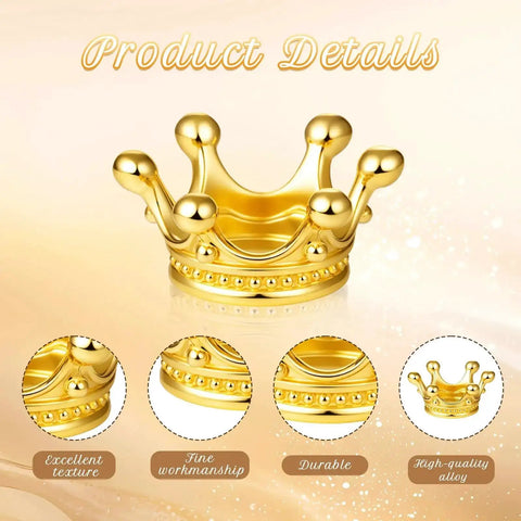Gold crown charm from 60 Piece Crown Charms Set for Jewelry Making with six vintage colors, 3D alloy, large hole loose spacer.