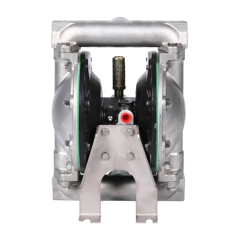 Air-operated double diaphragm pump, 1 in inlet/outlet, aluminum alloy body, dual diaphragms, front view.