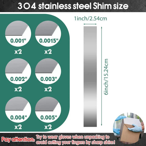 Diagram showing 12 Pcs 304 Stainless Steel Shims Set 0.001 To 0.005 Inch Thick Metal Strips Shim Gap Filler Trim For Kitchen DIY Crafts And Marine Use 6 By 1 Inch Durable with size details.
