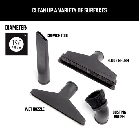 Beast Tough Heavy Duty Wet Dry Vac Attachment Kit For One Seven Eighths Inch Hoses with four tool attachments displayed