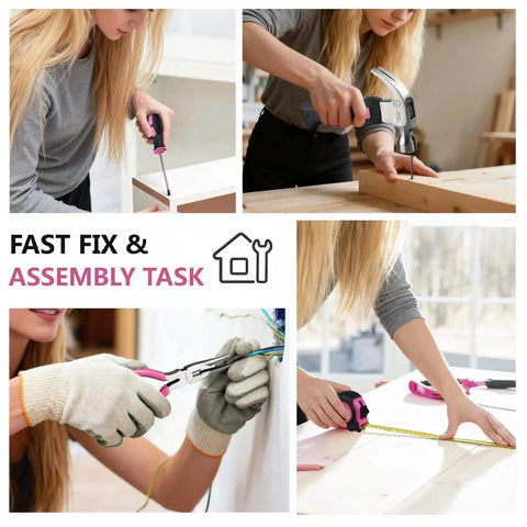 Pink Tool Set For Women With Shoulder Strap 21 Pieces Basic Tool Kit In A Portable Zipper Tool Bag Great For Home Dorm Office DIY Projects And Apartment Repairs being used for various tasks.
