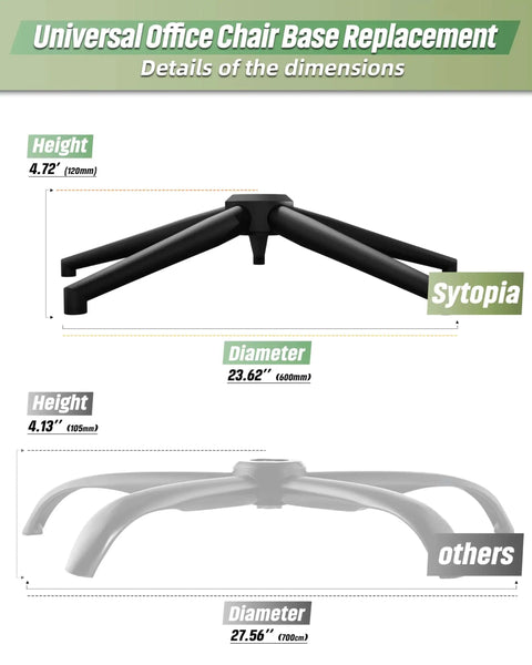 24 Inch Criss Cross Chair Base Replacement showing height and diameter dimensions, matte black reinforced metal leg for office chairs.