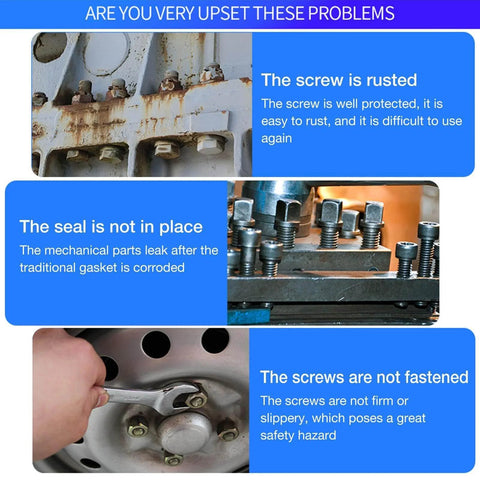 Image showing corroded screws, a leaking mechanical seal, and unsecured screws emphasizing problems solved with Purple Threadlocker High Strength Oil Resistant Anaerobic Adhesive For Screws And Bolts Locking Solution For Leakproof Fastening Thread Protection And Mechanical Systems In Industrial Automotive And Aviation Settings.
