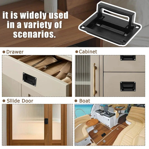 Recessed Pull Handle For Drawers Doors And Toolboxes Black Zinc Alloy 4.38 X 2.76 Inch installed in drawer, cabinet, door, and boat.