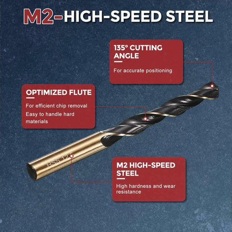 12.5mm Diameter Drill Bit Set M2 High Speed Steel Twist Bits 2 Pack With 135 Degree Split Point For Metal Wood Plastic 150mm Overall Length 100mm Flute Length Black And Gold Finish Workhorse Performance