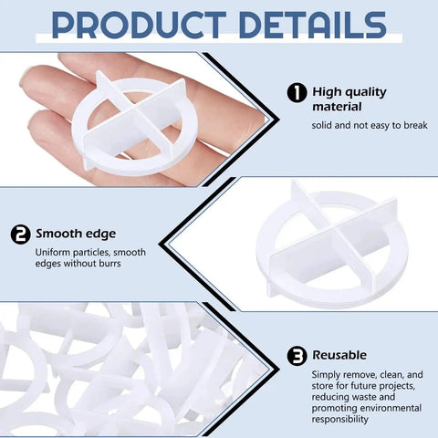 500-Pack Tile Spacers Set 1mm Removable Cross Spacers detail showing high quality material, smooth edges, and reusability.