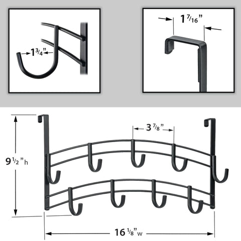 Over-the-door metal hook rack with 6 hooks, dimensions labeled, shows side and top view in black.