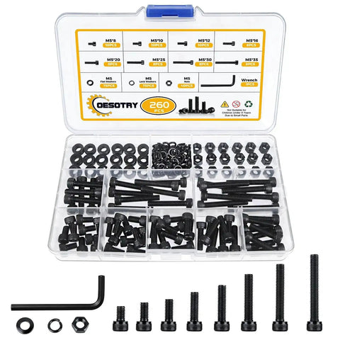 260 Piece M5 Screw Kit With Bolts Nuts Washers And Hardware Set, 12.9 Alloy Steel Plated Hex Socket Head Screws M5 Lengths 8 10 12 16 20 25 30 35mm, Durable Fastener Organizer For DIY Projects