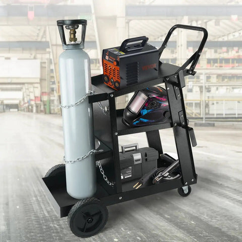 Heavy Duty 3 Tier Welding Cart With 360 Degree Swivel Wheels, Tank Storage And Safety Chains, Rolling Cart For MIG TIG ARC Plasma Cutter Welder, 400 Lb Capacity in a workshop setting.