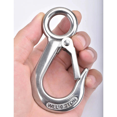 Hand holding 304 Stainless Steel Grab And Slip Hook Rigging Accessory With Spring Loaded Latch, heavy duty lifting hook.