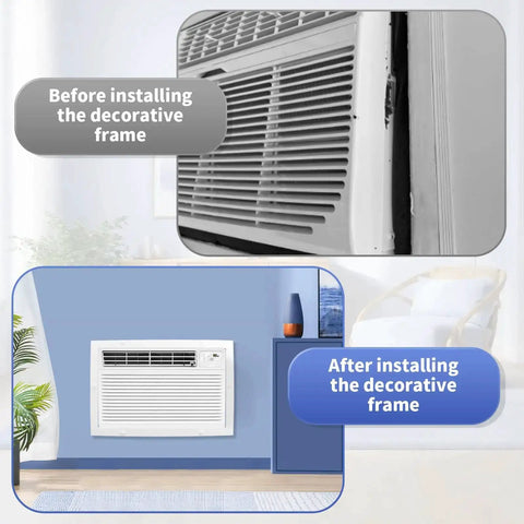 Before and after installing 26 Inch PTAC Wall Sleeve For Through The Wall Air Conditioner with decorative frame in room setting
