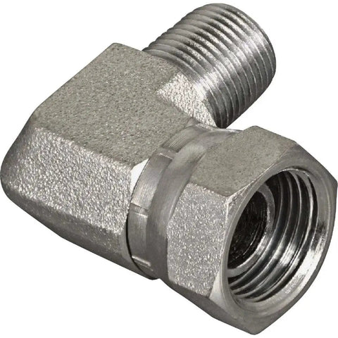 One Half Inch Male Pipe To Three Eighth Inch Female Pipe Swivel 90 Degree Hydraulic Adapter For Plumbing And Hydraulics Durable Steel
