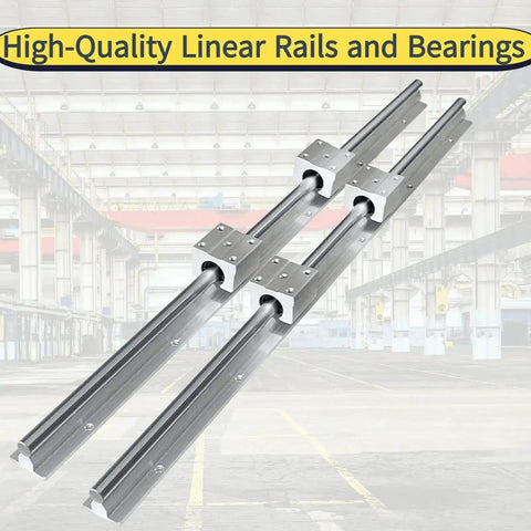 Two 600mm SBR16 Linear Rails With Four SBR16UU Sliding Blocks Side Mount Chrome Plated Steel And Aluminum For A Rock Solid Smooth Glide And Precision CNC Motion In DIY And Industrial Projects in a warehouse.