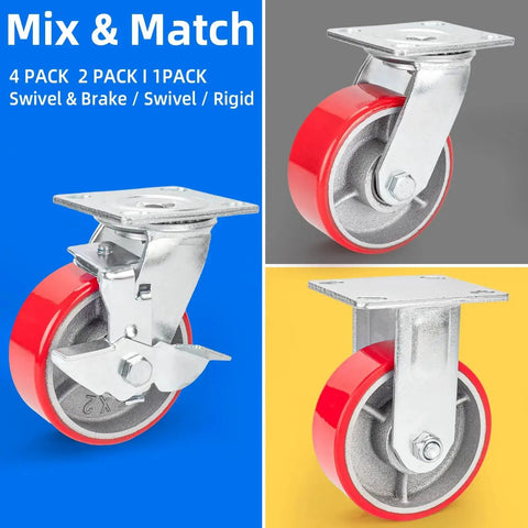 5 Inch Industrial Caster Set Of 4 With Brakes, Heavy Duty Swivel Plate Casters With Quiet Polyurethane Wheels On Steel Hubs