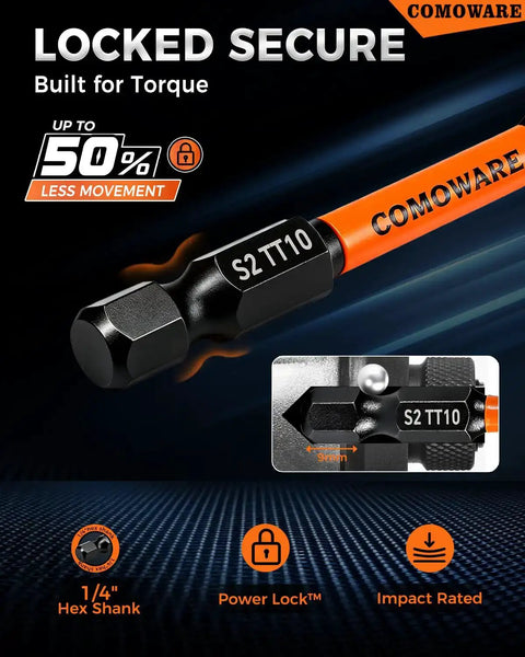 Heavy Duty 36 Piece Impact Torx Bit Set With S2 Steel One Quarter Inch Driver Bits showing power lock feature and S2 TT10 label