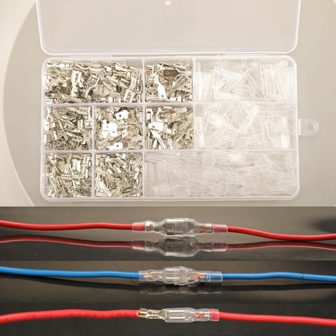 Feggizuli spade crimp terminals kit, 540pcs, 2.8/4.8/6.3mm male and female, insulated sleeves in plastic organizer box.