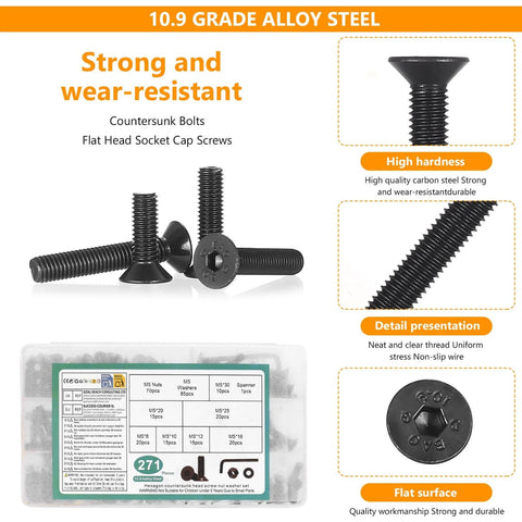 All Purpose Hex Socket Countersunk Screw Set Kit With Nuts, Washers And Allen Wrench - Heavy-Duty Pro Grade Carbon Steel M3, M4, M5, M6, M8 Hardware Assortment For Electronics And Furniture Repairs, Black screws shown with packaging and specifications.