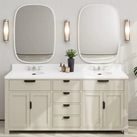 Bathroom vanity with 12 Pack 5 Inch Black Cabinet Pulls Edge and Finger Drawer Handles for Cabinets, featuring modern decor.