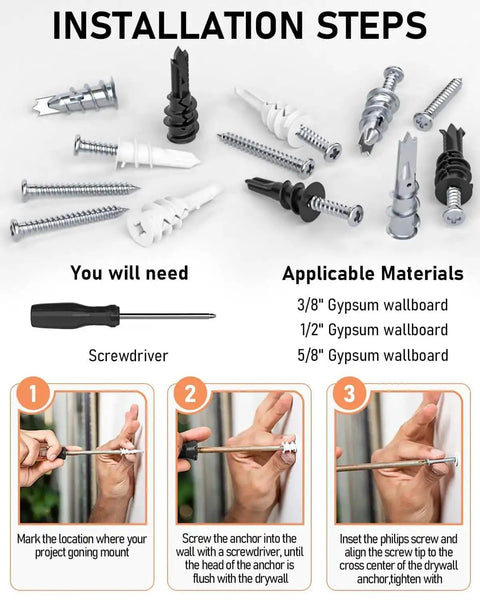 All In One 200 Piece Drywall Anchors And Screws Kit Self Drilling With Case DIY Friendly Mounting installation guide