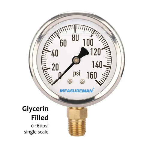 Front view of Glycerin-Filled Plumbing Pressure Gauge For Gas And Non-Corrosive Liquids, 2-1/2 Inch Dial, 0-160 PSI