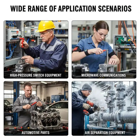 Four images showing applications in high-pressure switch equipment, microwave communications, automotive parts, air separation equipment.