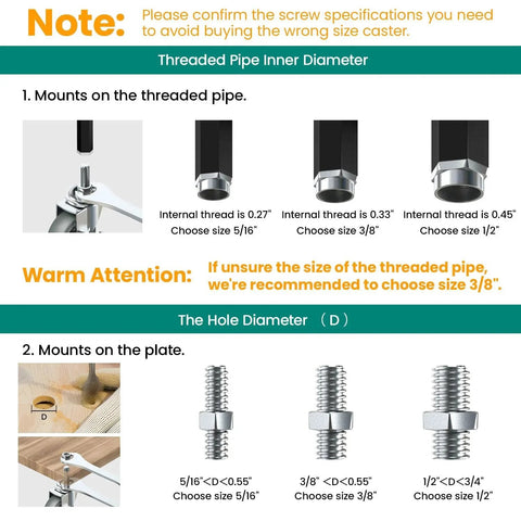 Diagram showing threaded pipe inner diameters and mounting options for 3 Inch Swivel Caster Wheels With No Brake, 3/8 Inch 16 UNC X 1 1/2 Inch Stem, Heavy Duty Steel Housing, 600 Pound Load Capacity, Set Of 4, Grey Casters For Cart And Cabinet Mobility Built For Heavy Duty Mobility In Industrial And Home Settings.