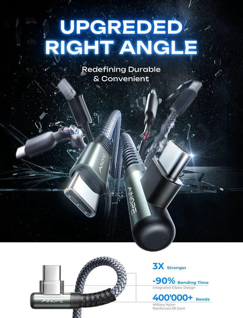 Right Angle USB C to USB C Cable 60W 6.6ft Fast Charging 2 Pack showing durability features with 90-degree design and flexibility