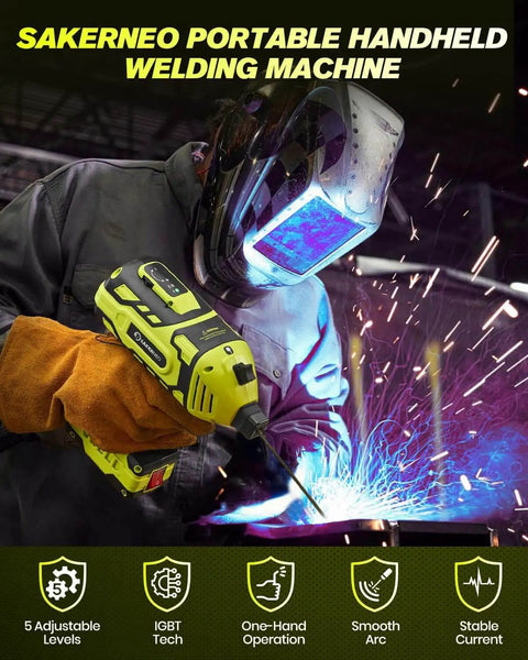 Grab And Go 110V Stick Welder With IGBT Inverter in use on metal, welder wearing protective gear, sparks visible