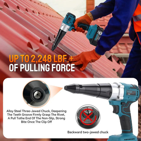 Using Portable Cordless Brushless Rivet Gun With Automatic Operation on metal roof, showing 2248 lbf pulling force feature